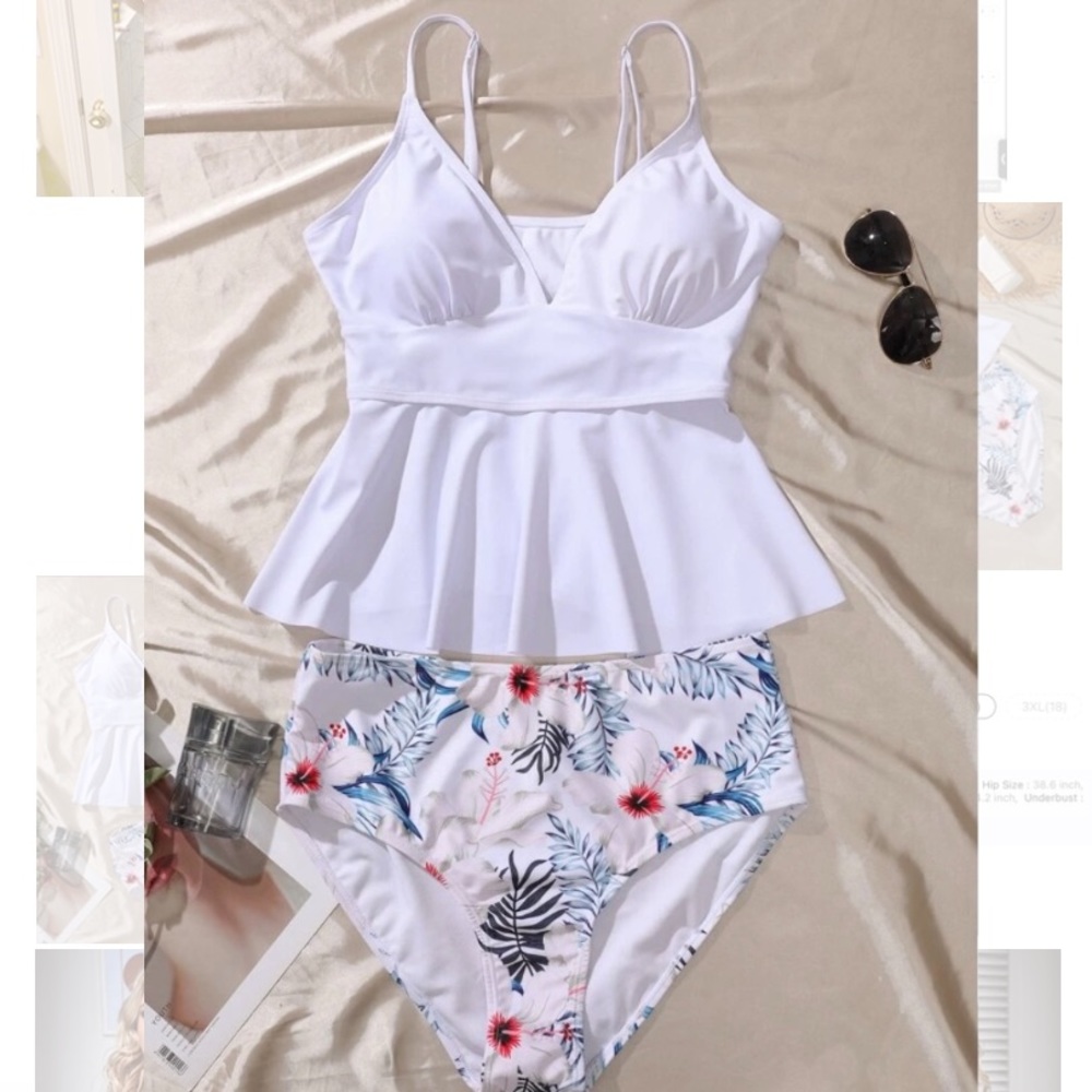 Plus Floral & Tropical Ruffle Hem Bikini Swimsuit
